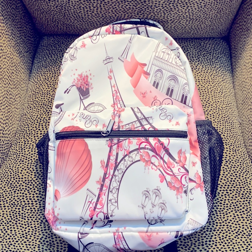 🗼Backpack - Paris Themed - 6 compartments - Pink, White, Black